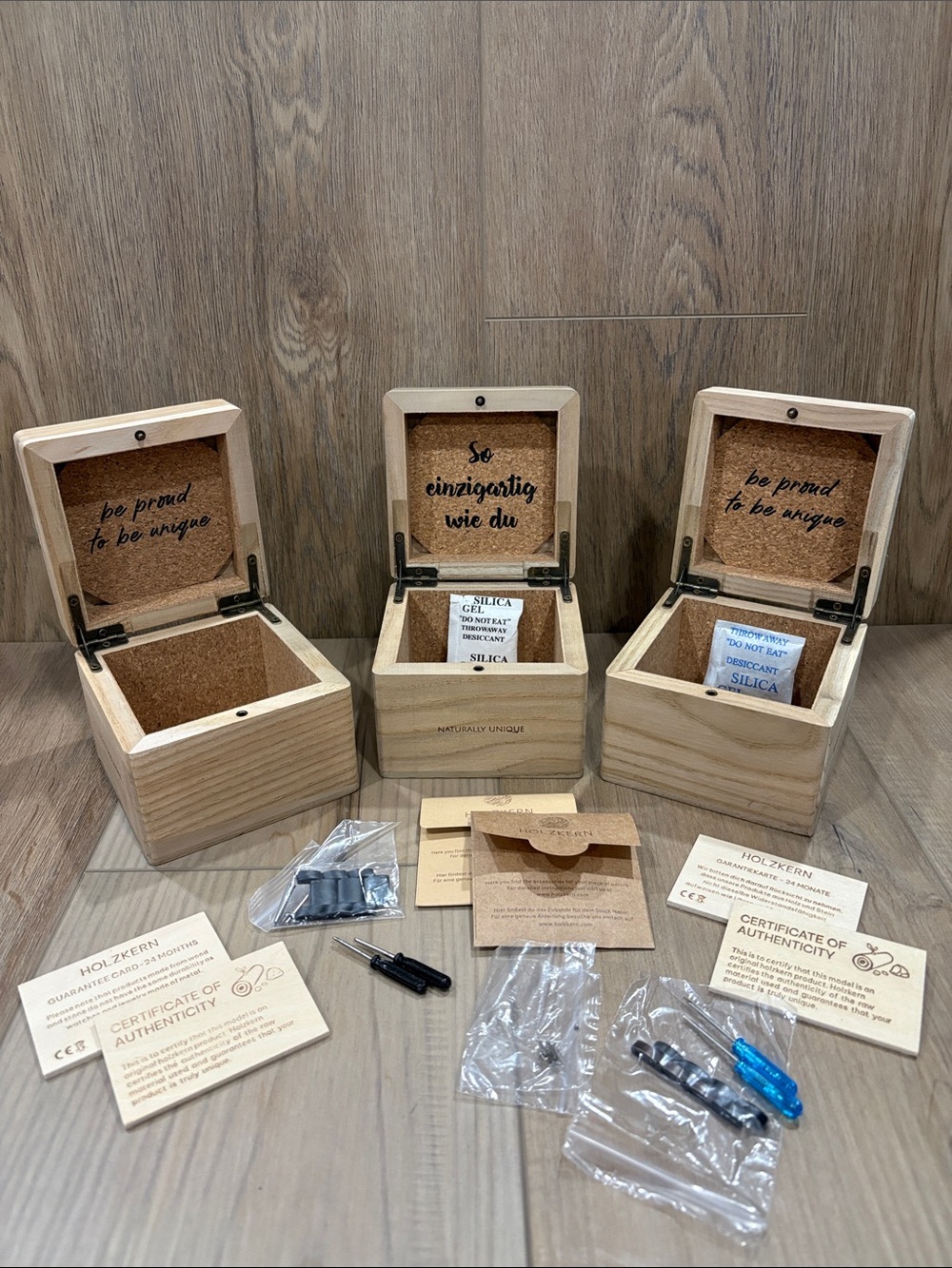 THREE Holzkern Wood Watch Boxes Cork Lined Natural Wood Replacement Links